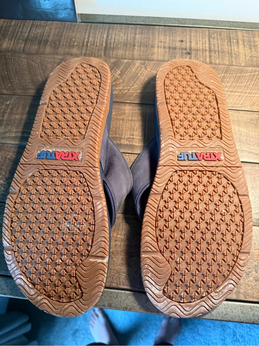 Xtratuf Men's Navy Blue Suede Flip Sandals with Brown Accent